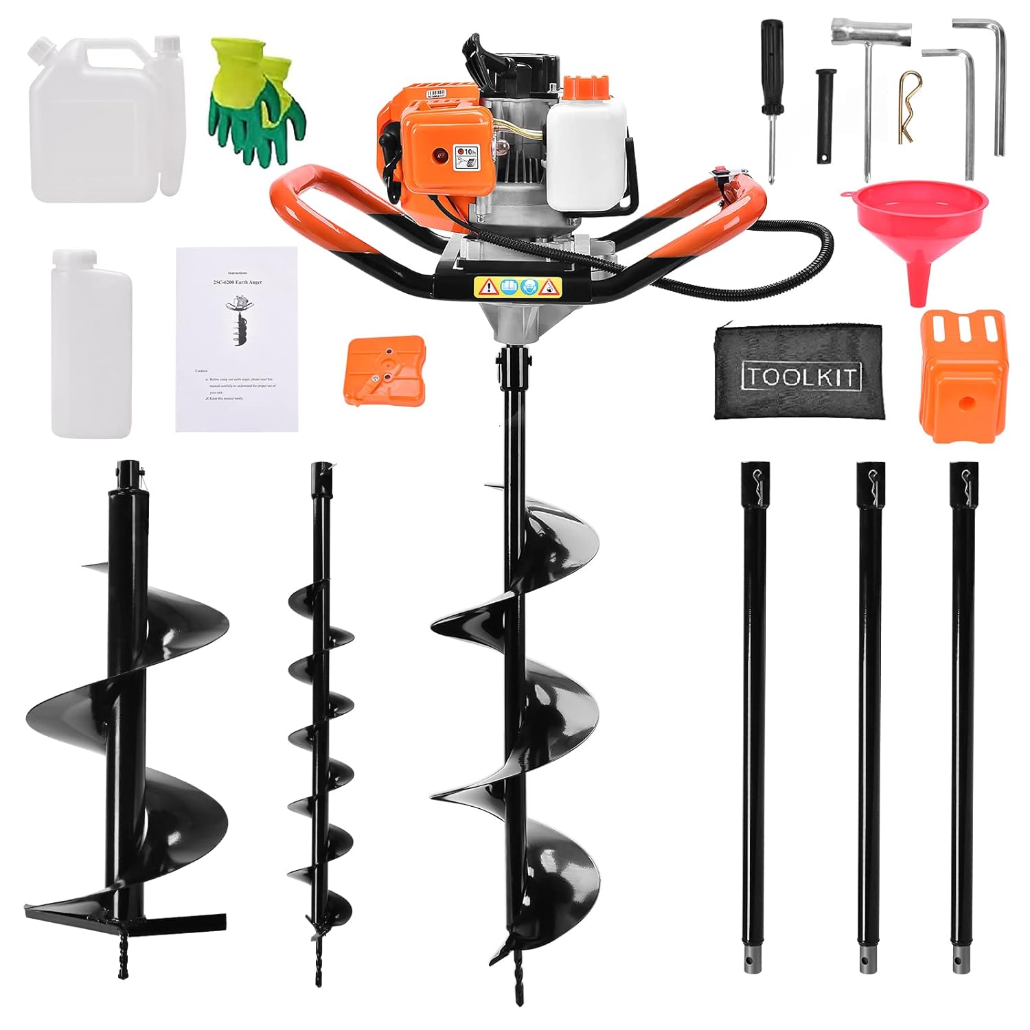 62cc Post Hole Auger 2 Stroke Post Hole Digger Gas Powered Earth Auger with 3 Replacement Auger Drill Bits(5