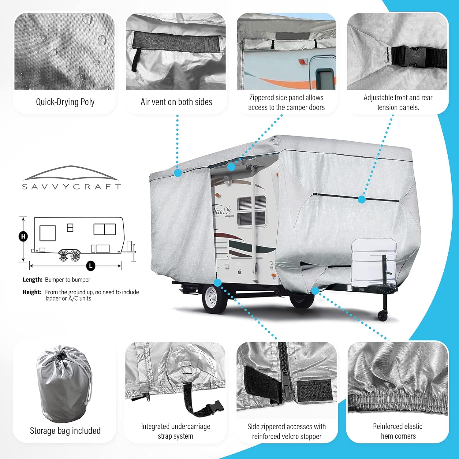 SavvyCraft Ultimate Travel Trailer RV Cover Camper Cover w/Access Panels Fits 33'-35'L