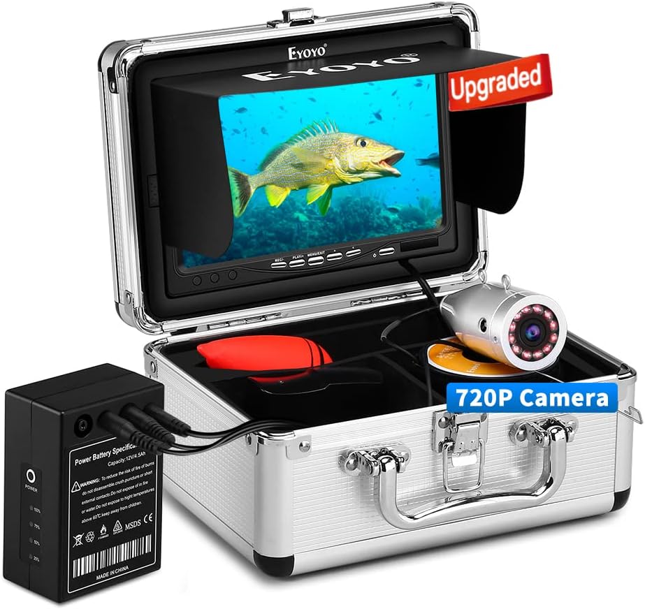 Eyoyo Underwater Fishing Camera, Ice Fishing Camera Portable Video Fish Finder, Upgraded 720P Camera w/ 12 IR Lights, 1024x600 IPS 7 inch Screen, for Ice, Lake, Boat, Sea Fishing (30m+DVR)