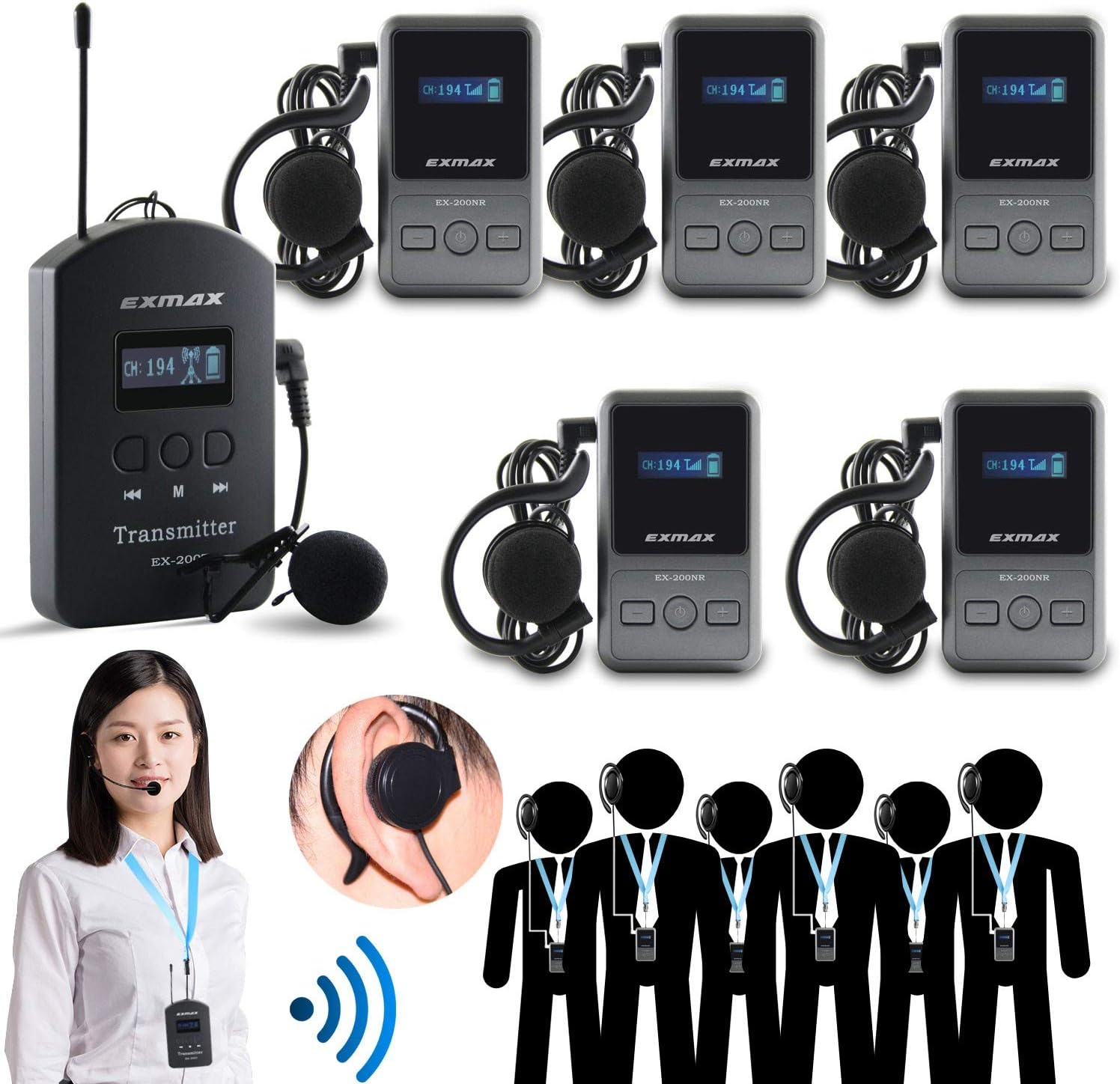 EXMAX EX-200N UHF Wireless Simultaneous Translation System Hands-free Transmitter Receiver 200 Channels for Church Interpreting, Trade Shows, International Conference - 1 Transmitter & 5 Receivers