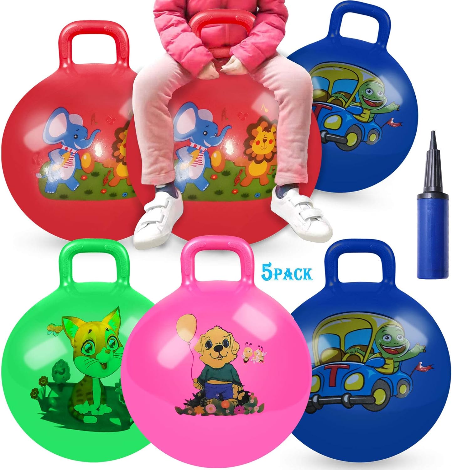 Jump Hopper Bouncy Hopping Ball 18 inch with Handle Party Favors for Kids 3-6 Years,School Team Ride and Jumping Party 5 Pack Pack of 2