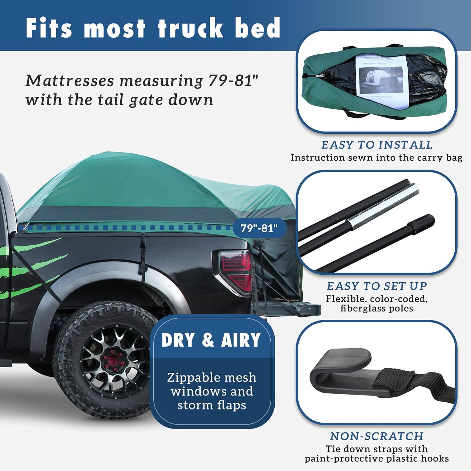 MR Full Size Truck Tent for Camping with Waterproof Rainfly, Double Layer for 2-Person Portable Truck Bed Tent, Car Bed Camp Tents for Pickup Trucks, Fits Mattresses 79-81