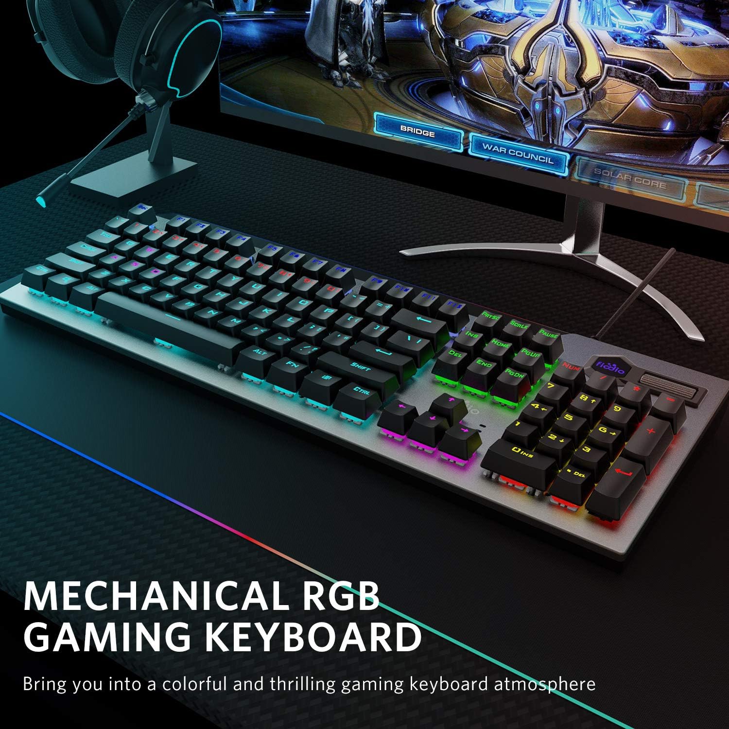Fiodio Mechanical Gaming Keyboard, Wired RGB Rainbow Backlit Keyboard with Blue Switches, Ergonomic Standard Keyboard for Desktop, Computer, PC Pack of 2