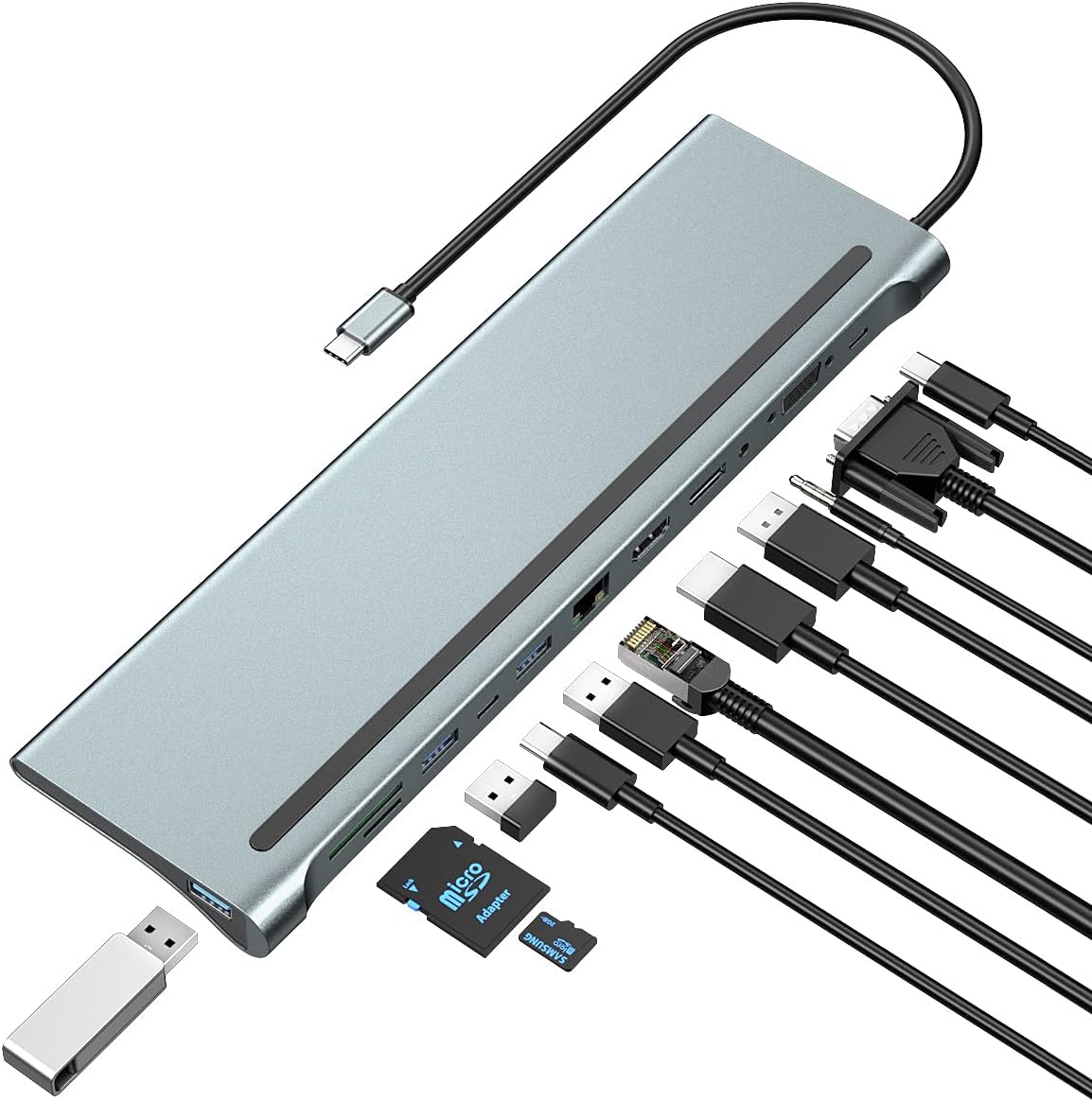 ZPTEK USB C Docking Station 12 Port Supports HDMI、Displayport and VGA 3 Display Output, The Maximum Resolution Supports 4K@30Hz