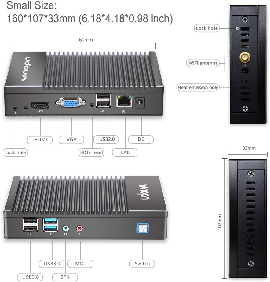 Vnopn Fanless Mini PC Windows 10 pro 64-bit, AMD A6 Quad core(up to 1.4GHz) Industrial Small Desktop Computer 4G DDR3/128G SSD, HD Graphics/HDMI VGA Dual Display/Gigabit Ethernet/WiFi/BT/Auto Power On
