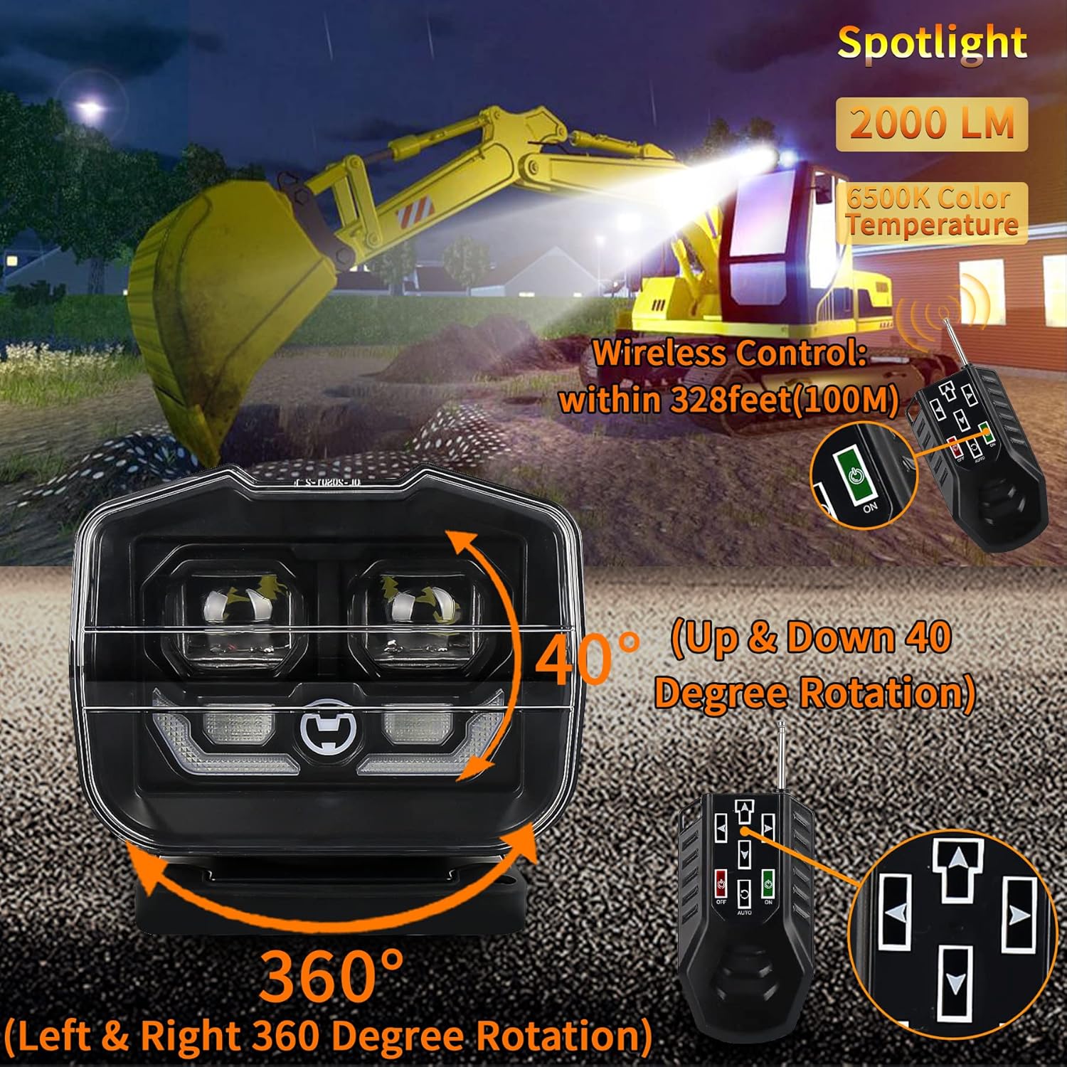 Remote Control LED Spotlight, SEUYA 60W LED Searchlight with Magnetic Base& Permanent Mount 360 degrees Wireless Control Rotating Marine Search Light for Boat Trucks Offroad SUV Garden 10-30V