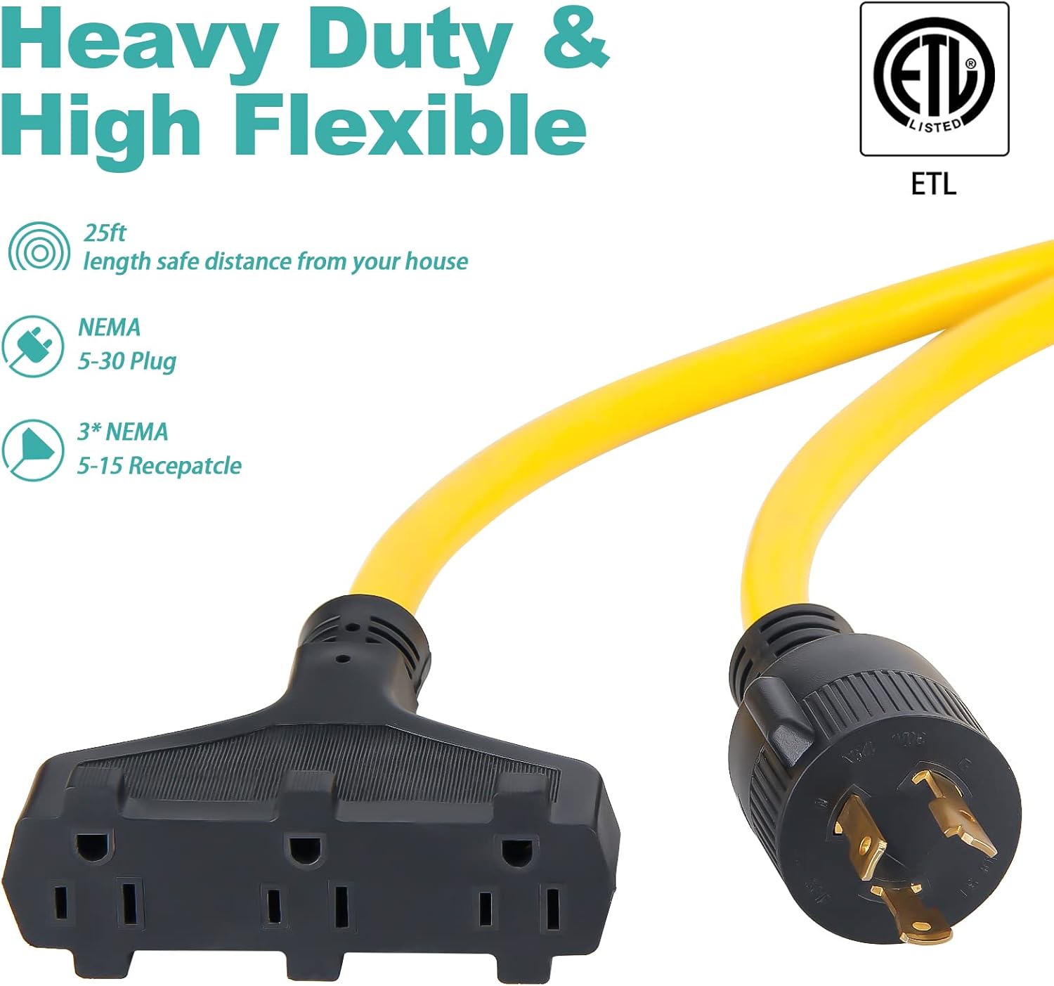 VOGREX 25ft Heavy Duty Generator Power Extension Cord with Cord Organizer, NEMA L5-30P Male Plug to 3 Outlet 5-15R Female Receptacles, 3 Prong 10 Gauge Flexible Generator Power Cable Pack of 2