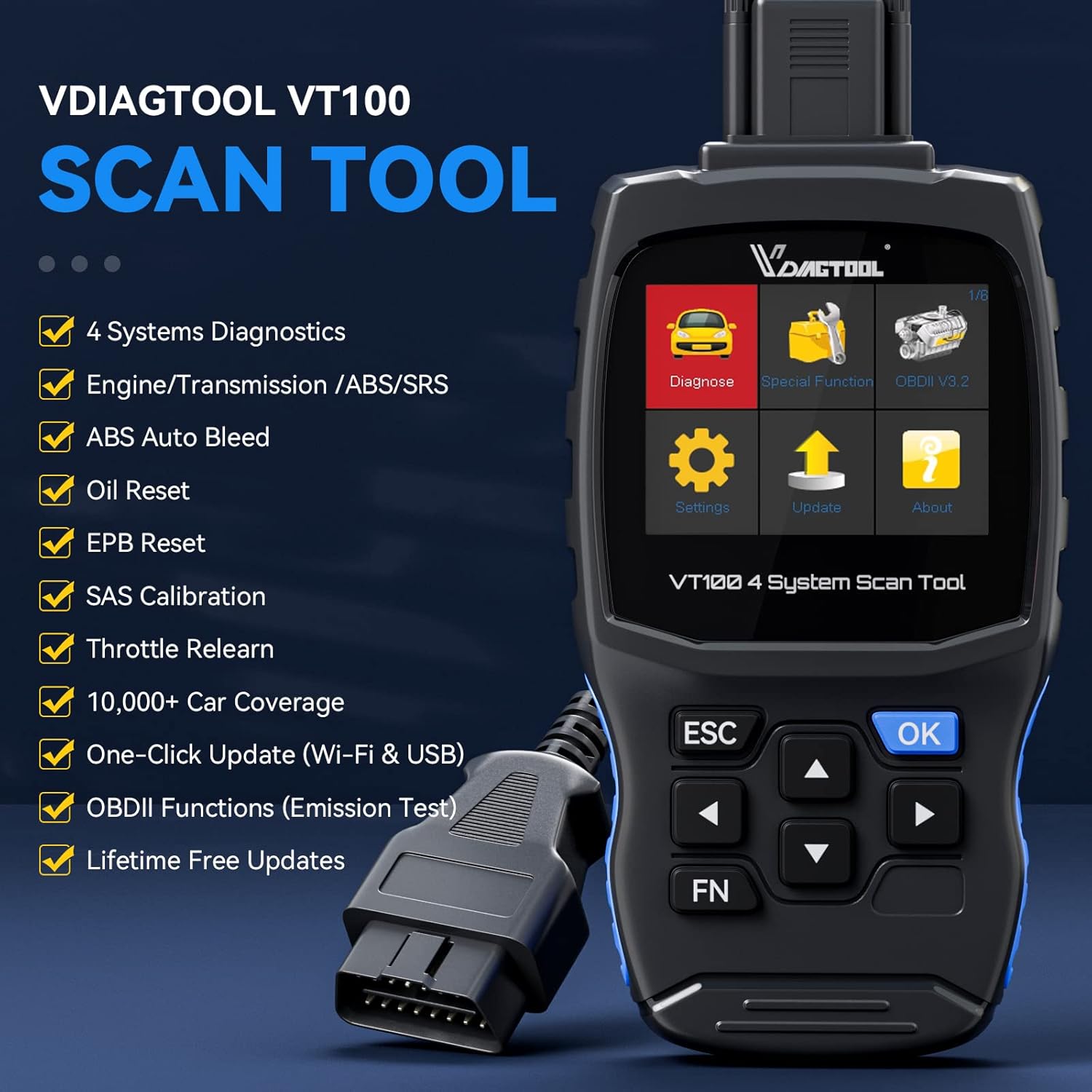 VDIAGTOOL VT100 OBD2 Scanner Diagnostic Tool, ABS Auto Bleed Scan Tool, 4 Systems Automotive Scanner for ABS/SRS/Transmission/Engine Check, Scanner for Car with ABS Bleed/Throttle/SAS/EPB/Oil Reset