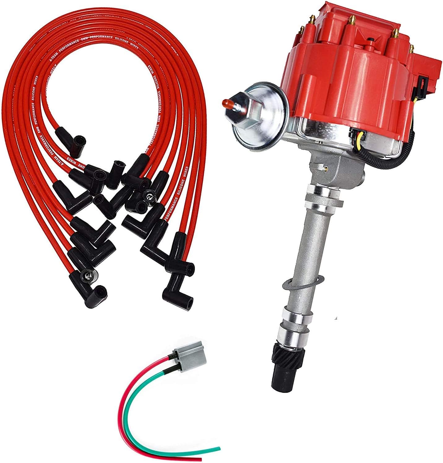 A-Team Performance - HEI Distributor, 8.0mm Under the Exhaust Spark Plug Wires, and Pigtail Harness - Compatible with Chevrolet GM GMC SB Corvette Tach Drive 62-74 262 302 350 400 Red Cap