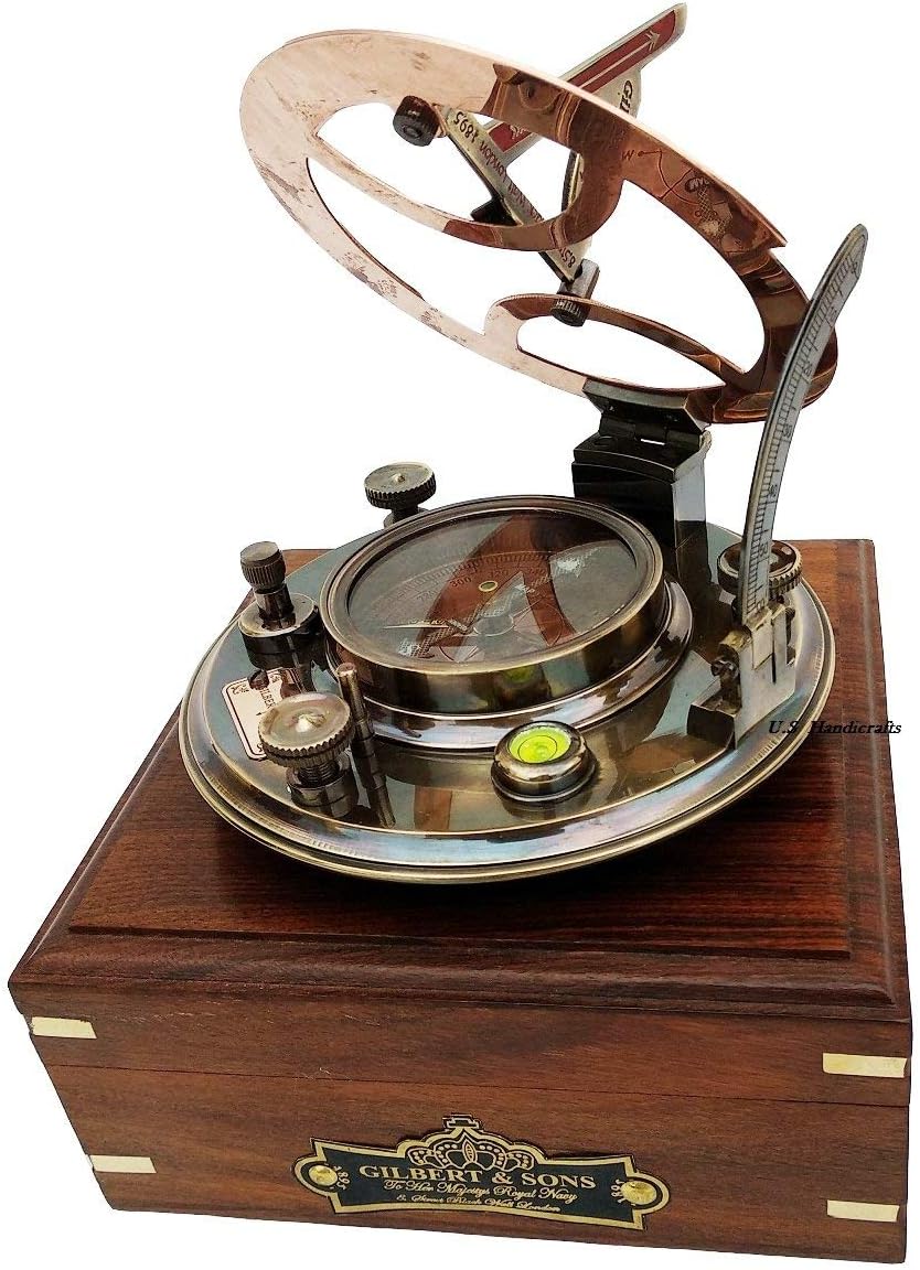 US HANDICRAFTS Brass Nautical Gift Ideas for Men Xmas 5 Inch Perfectly Calibrated Large Sundial Compass Rosewood Case Top Grade Engraved Brass Sundial with Embossed Needle Pack of 2