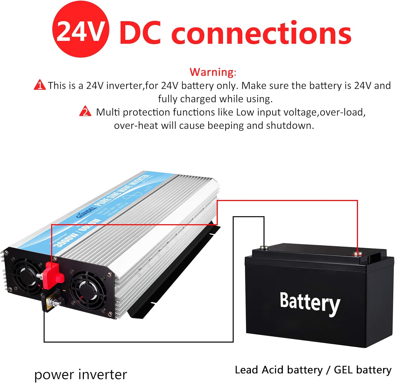 24V Pure Sine Wave Power Inverter 3000Watt DC 24V to AC120V with Dual AC Outlets with Remote Control 2.4A USB and LED Display