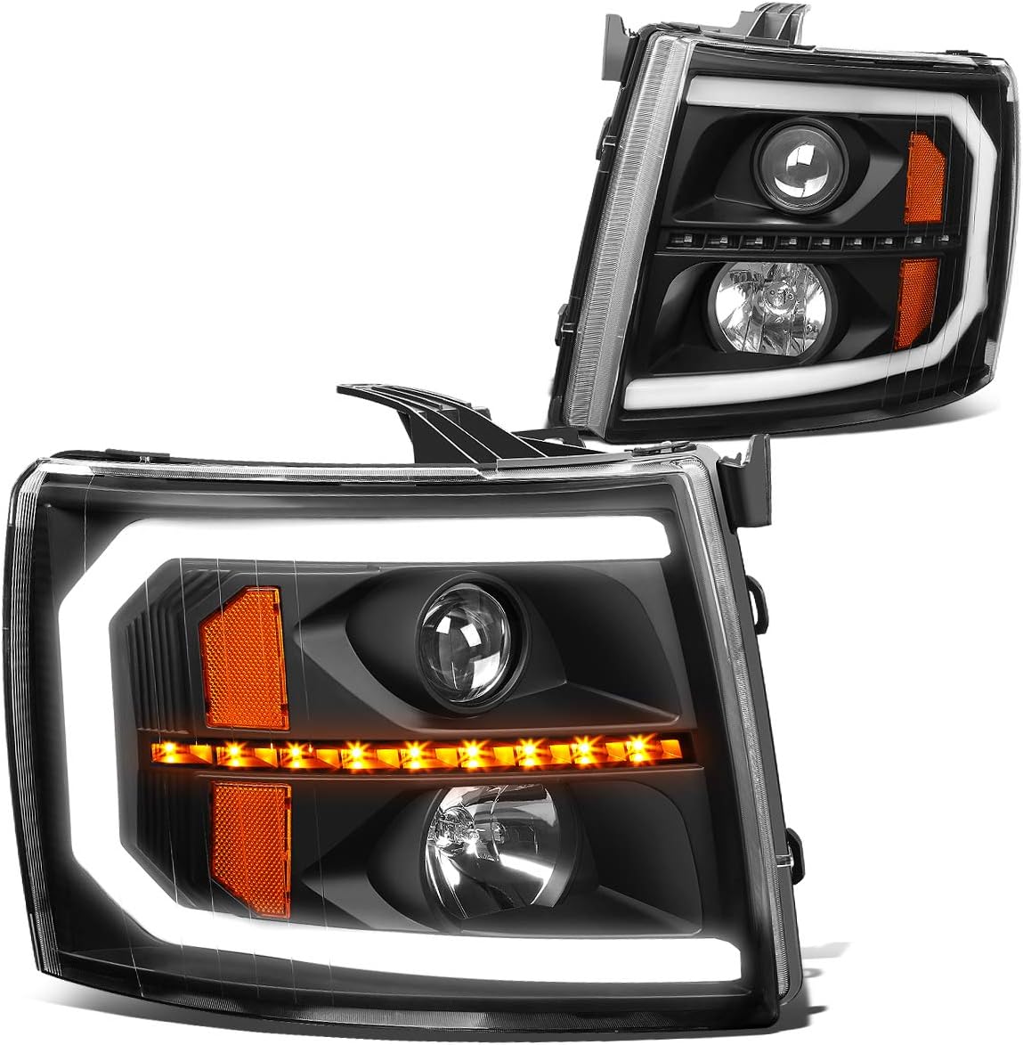 [Halogen] C-Tube LED DRL Sequentail Amber Turn Signal Projector Headlights Assembly Compatible with 2007-2013 Chevy Silverado 1500 2500HD 3500HD, Driver and Passenger Side, Smoke Lens