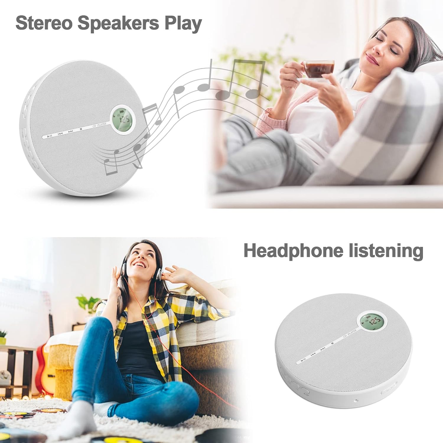 Newest CD Player Portable, WOKALON Rechargeable CD Player with Bluetooth, Anti-Skip CD Player with Speakers for Car, Walkman CD Player with Headphones and AUX Cable, 2000mAh Battery (Gray) Pack of 2