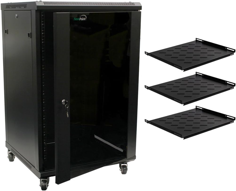 NavePoint 18U Wall Mount Server Data Cabinet 24 Inch Depth Glass Door Lock Casters and Shelves