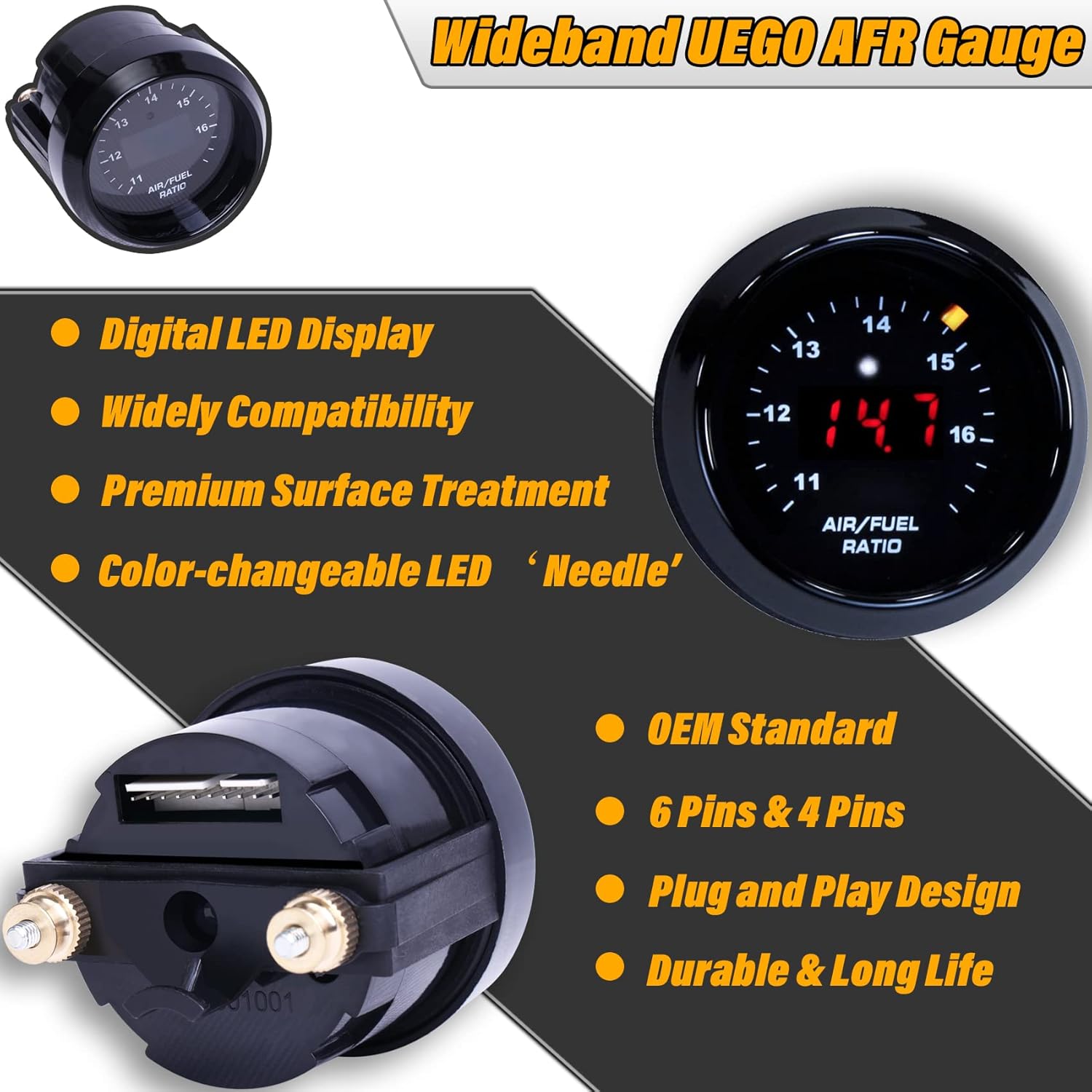 Wideband UEGO Air/Fuel Ratio Gauge 52mm (2-1/16”) with 4.9 LSU Sensor, Digital AFR Controller Gauge, Wideband O2 Control Sensor kit | 0-5V Analog Output (10-20 AFR Range)