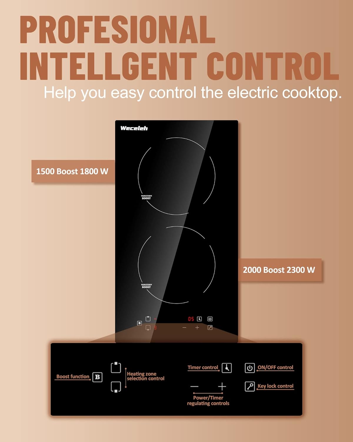 Induction Cooktop 2 Burner, Weceleh 12 Inch Electric Stove Top 240V 3500W, Fast Heat Built-in Dual Induction Cooker, (NO PLUG) Electric Cooktop with 9 Heating Level, Kid Safety Lock and Timer