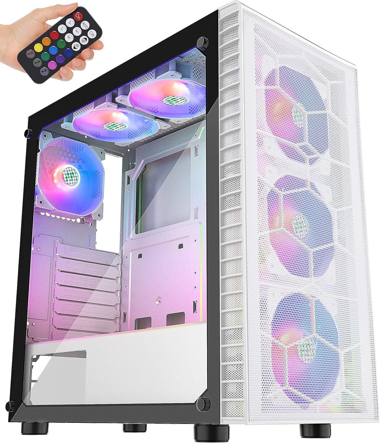 MUSETEX Mid-Tower ATX PC Case with 6pcs 120mm ARGB Fans, Mesh Computer Gaming Case, Opening Tempered Glass Side Panels, USB 3.0 x 2, Black, TW8-S6-B