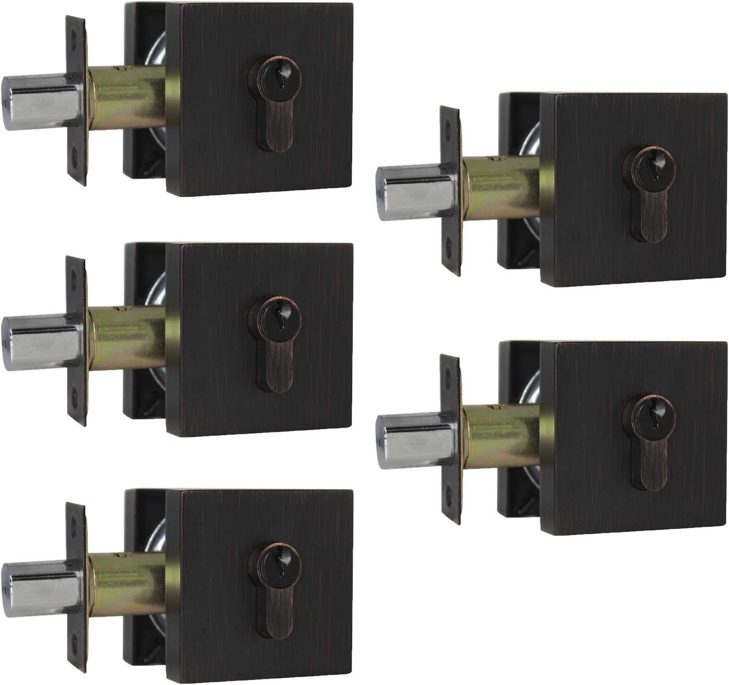 Probrico Single Cylinder Square Deadbolts One Side Keyed Satin Nickel Slim Modern Contemporary Deadbolts Door Locks for Interior and Exterior, Different Keys(2 Pack) Pack of 2