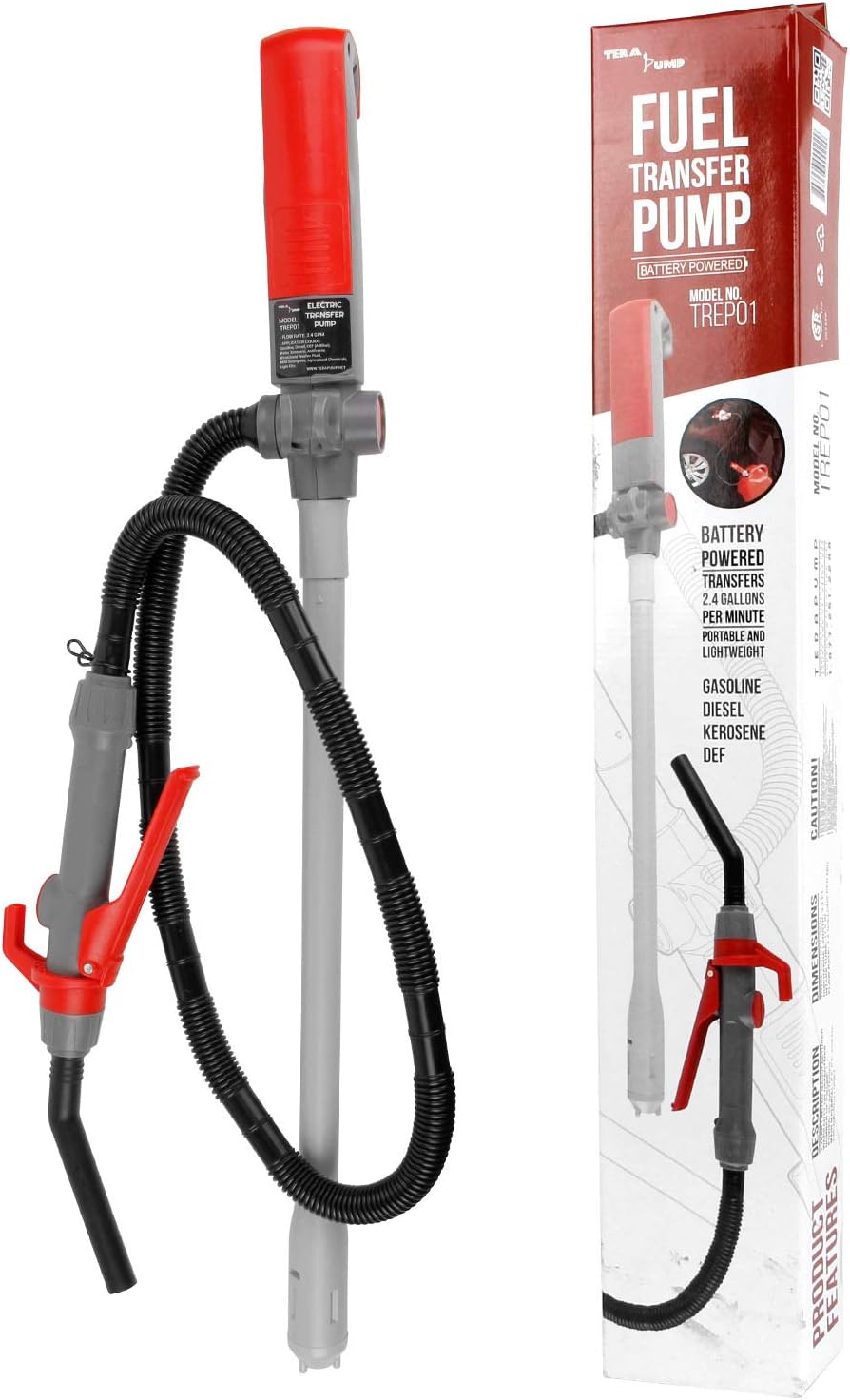TERA PUMP TREP04 Multi-Purpose Rechargeable Battery Powered Fuel Transfer Pump - 5 FT Hose, Flow Controller, Adjustable Suction Tube - 3.1 Gal per min