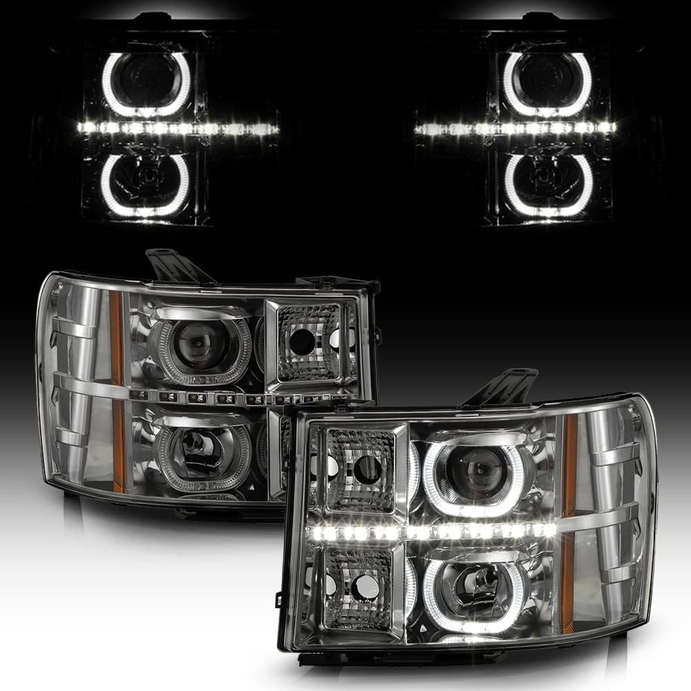 ACANII - For Smoke 2007-2013 GMC Sierra 1500 2500HD 3500 HD SMD LED Halo Projector Headlights Driver + Passenger Side