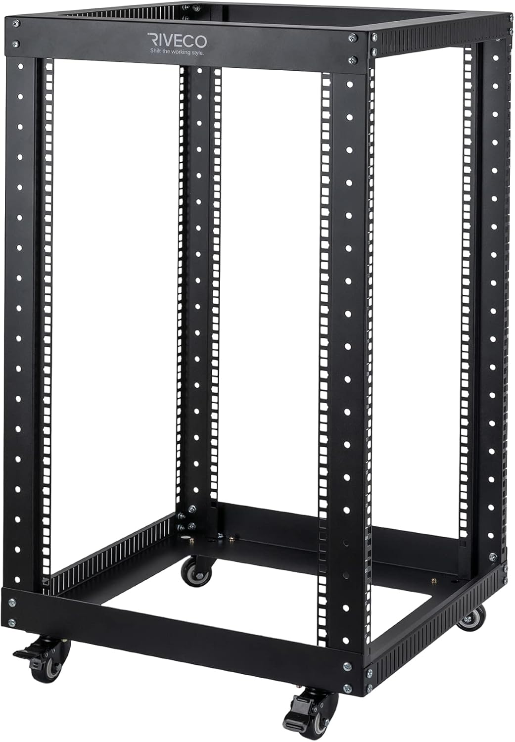 RIVECO 18U Open Frame Server Rack with Brake Casters- Heavy Duty 4 Post Quick Assembly 19-inch Rack Network Durable Black