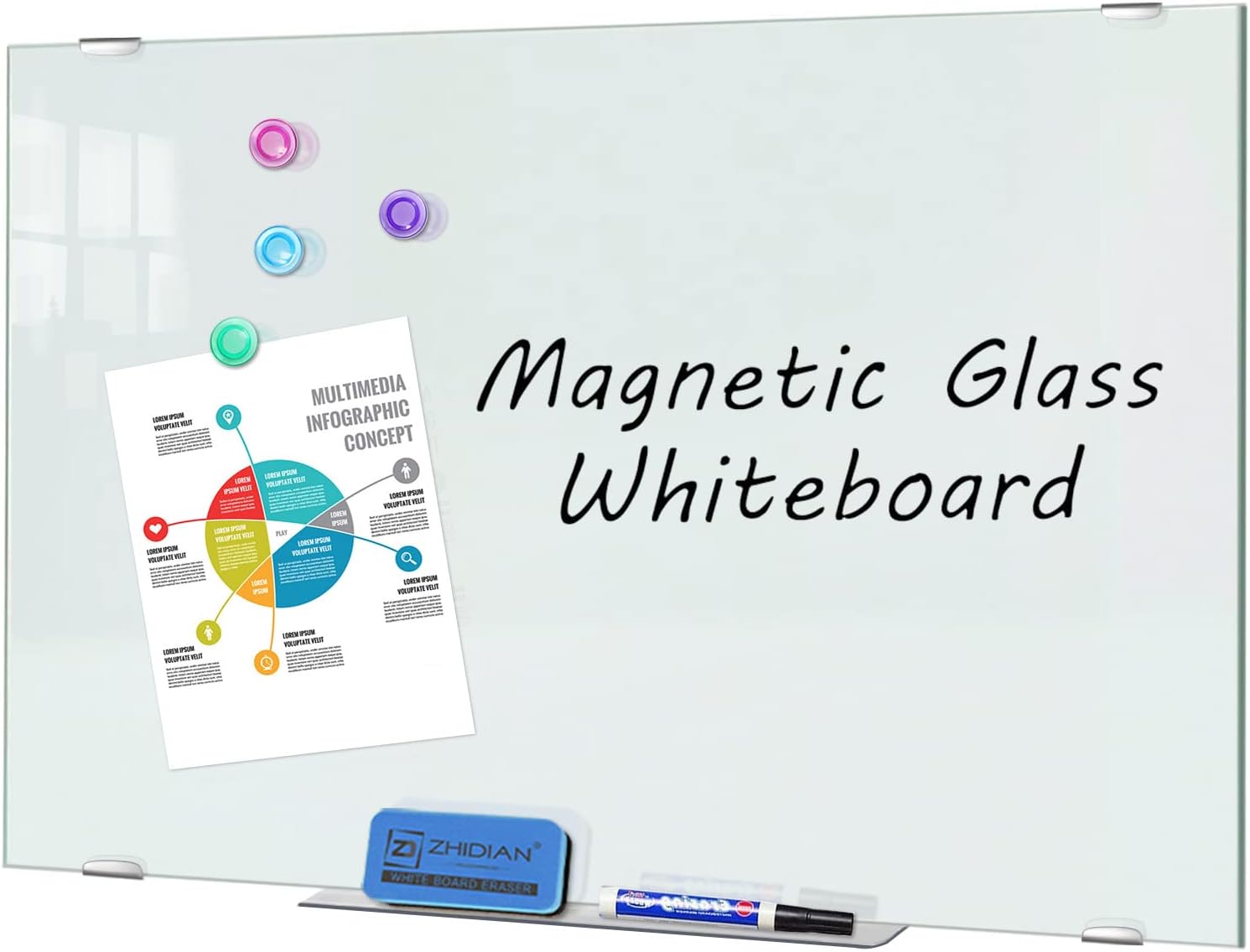 ZHIDIAN Glass Dry Erase Board 48” x 30”, Magnetic Tempered Glass Whiteboard, 4 x 3 Feet, 4 Markers 1 Eraser , Bright White and Frameless for Wall
