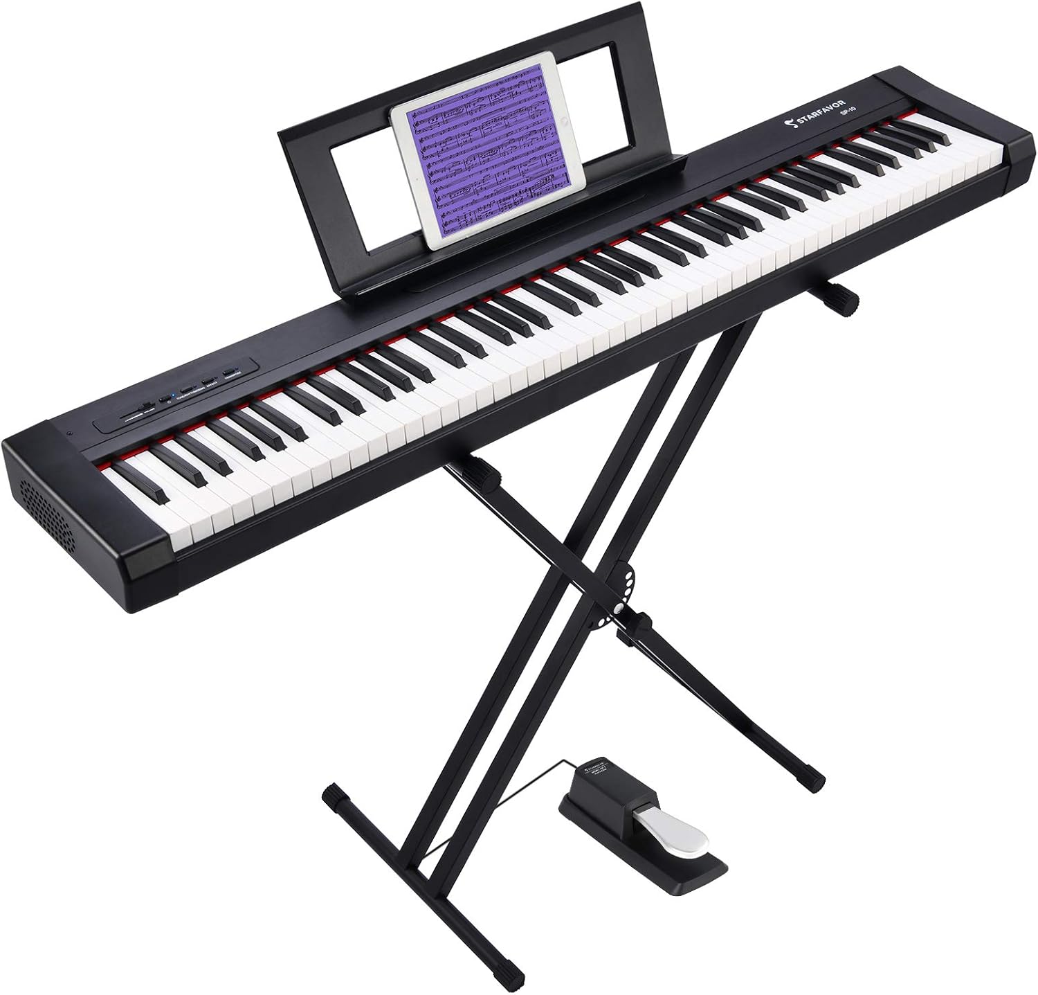 Starfavor 88 Key Digital Piano Beginner Electric Keyboard Full Size with Semi Weighted Keys Dual 30W Speakers SP-10 Bundle include Sustain Pedal, Power Supply, Stand, Piano Stickers