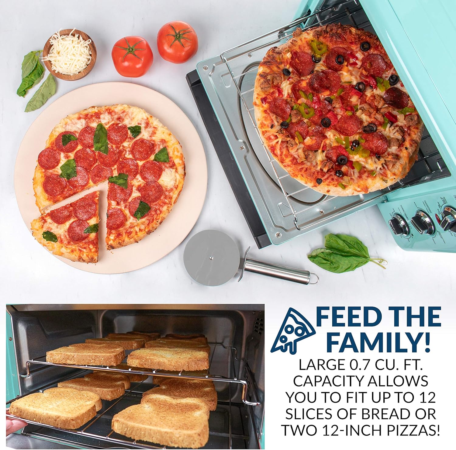 Nostalgia RTOV2AQ Large-Capacity 0.7-Cu. Ft. Capacity Multi-Functioning Retro Convection Toaster Oven, Fits 12 Slices of Bread and 2-12-Inch Pizzas, Built In Timer, Includes Baking Pan, Aqua