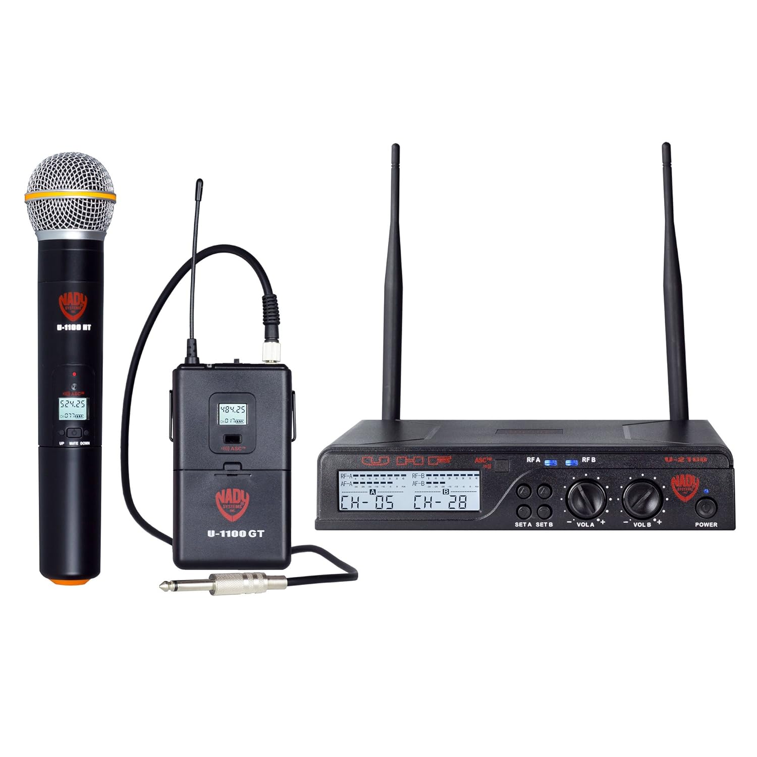Nady U-2100 Dual Combo LT-GT 200-Channel UHF Wireless Lavalier Microphone and Instrument/Guitar System