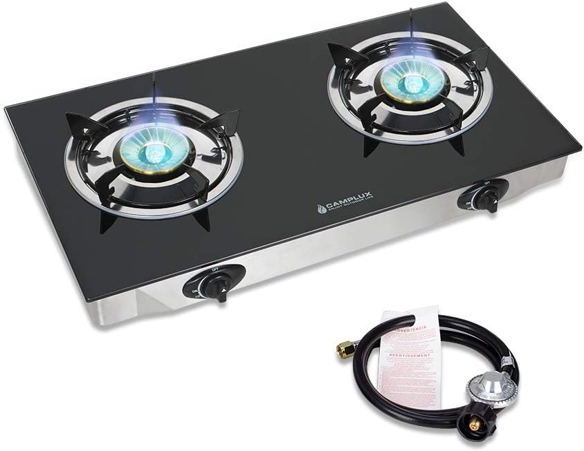 Camplux Propane Stove with Auto Ignition, Single Burner Propane Stoves 9,500 BTU, Tempered Glass Gas Cooktop Pack of 2