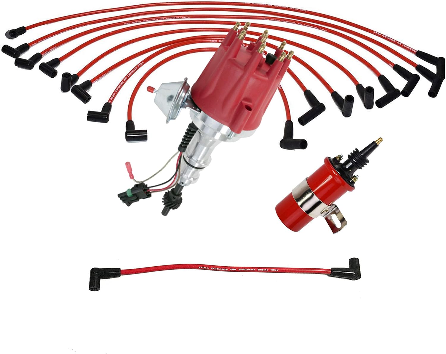 A-Team Performance - Pro Series Ready 2 Run Distributor, 8.0mm Spark Plug Wires, 45K Volts Male Canister Style Coil and Coil Wire Kit - Compatible With Ford SB Small Block Windsor 289/302W, V8 Red Cap