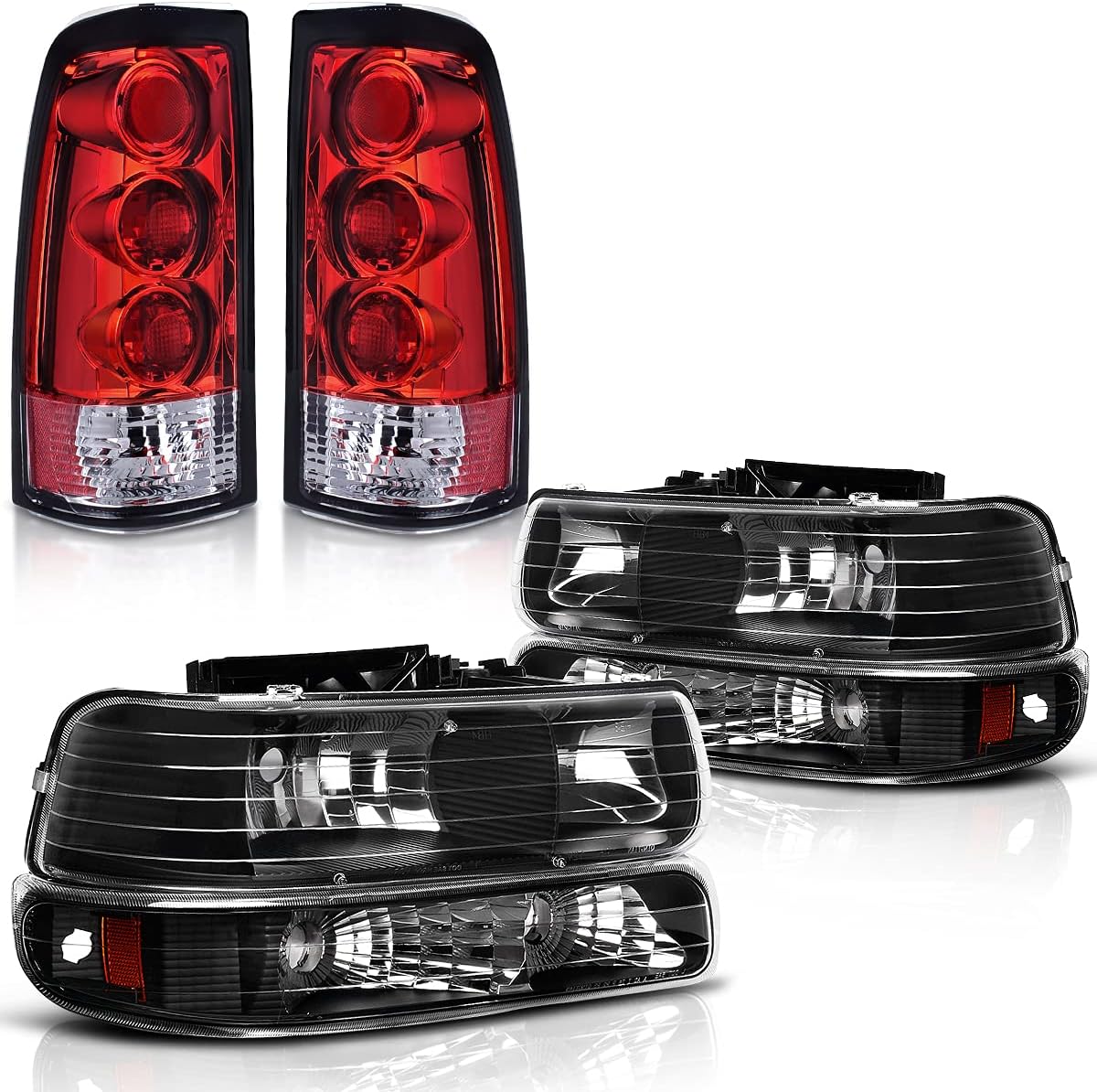 DWVO Compatible with 1999-2002 Chevrolet Silverado 1500/2500 2001-2002 Chevrolet Silverado 3500 Black Housing Replacement Headlights + Red Lens Taillights Combo