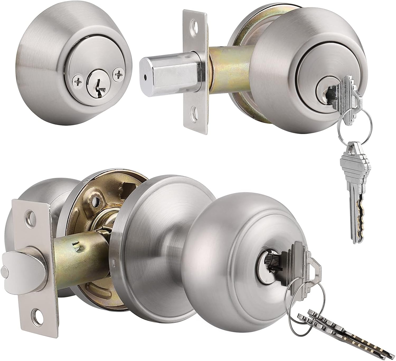 Gobrico 6 Pack Bathroom Bedroom Door Knobs Hardware, Round Privacy Knobs Locksets Interior Door Handles, Satin Nickel Finished, Stainless Steel Doorknob Bulk Pack Pack of 2