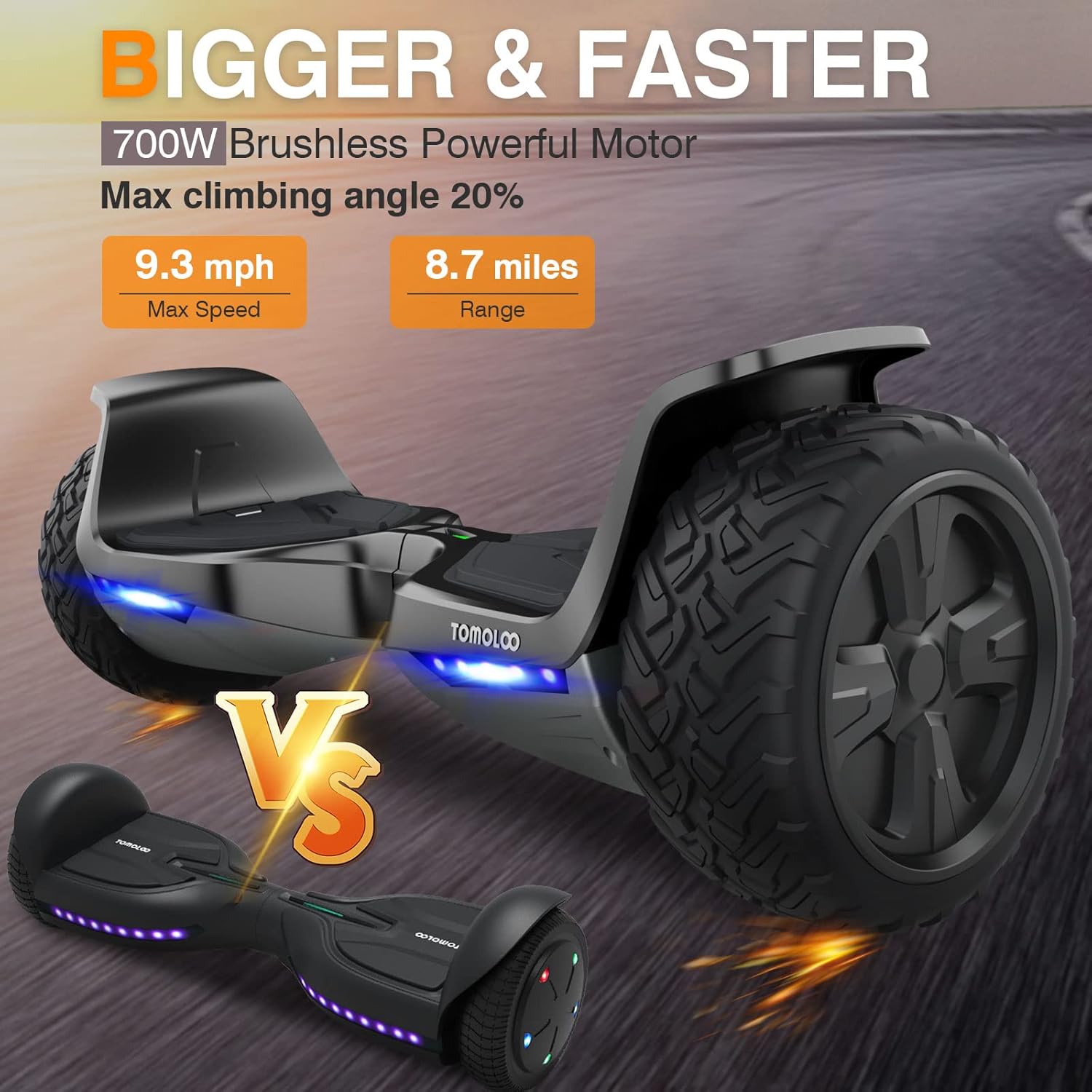 TOMOLOO Hoverboard Off Road with Bluetooth and LED Lights, 8.5'' All Terrain Hoverboards for Kids and Adults with APP Control, UL2272 Certified Self Balancing Hover Board Electric Scooter…