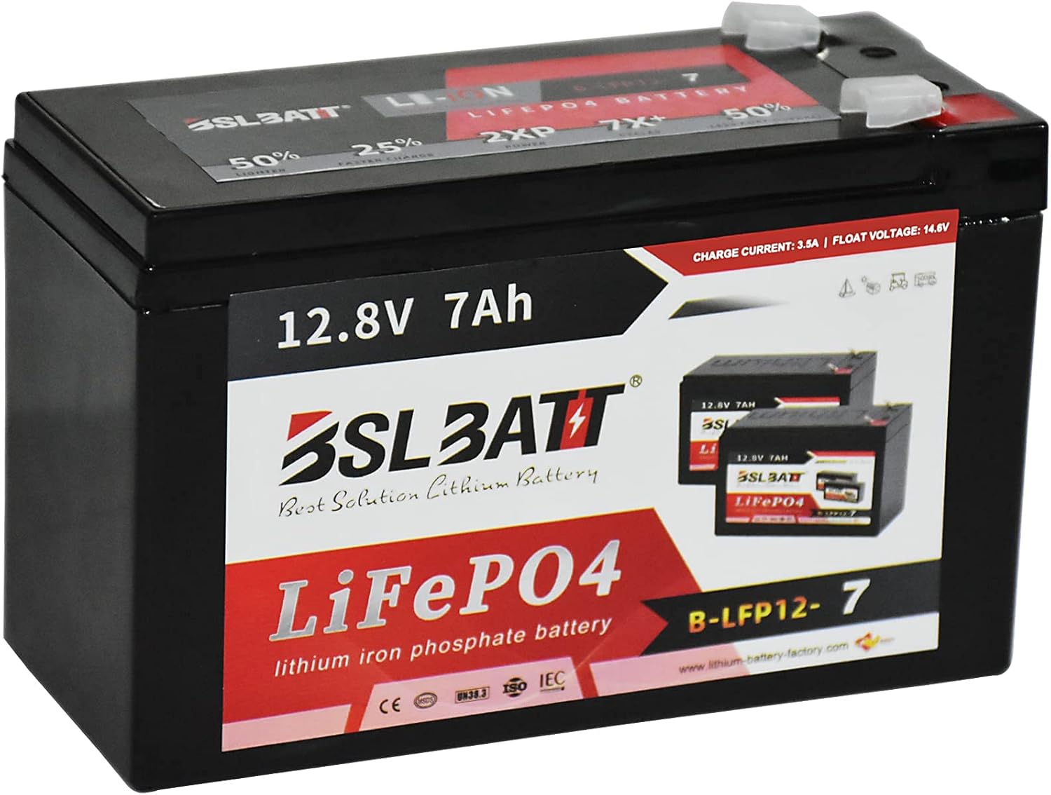 BSL BATT First Charging 12V 7Amps LITHIUM ION PHOSPHATE LiFePO4 Deep Cycle Rechargeable Battery | UP TO 2000 Life Cycles Built-in BMS Perfect for Solar, Off-Grid Applications, Black, B-LiFePO4-12-7 Pack of 2