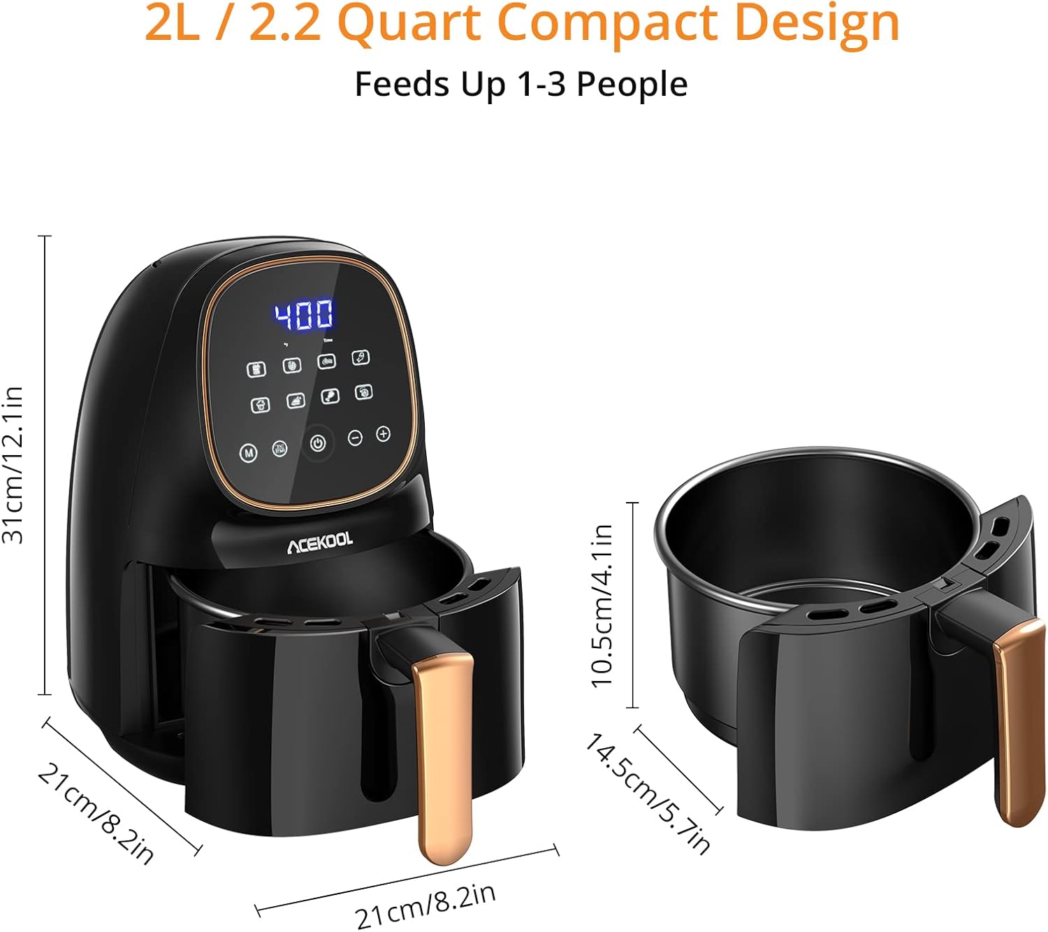 Air Fryer, 2.2 Quart 1000W Electric Hot Oven Oilless Cooker with 8 Preset Menus, Small Air Fryer Oven with LCD Touch Screen & Nonstick Frying Pot, Recipe Book Pack of 2