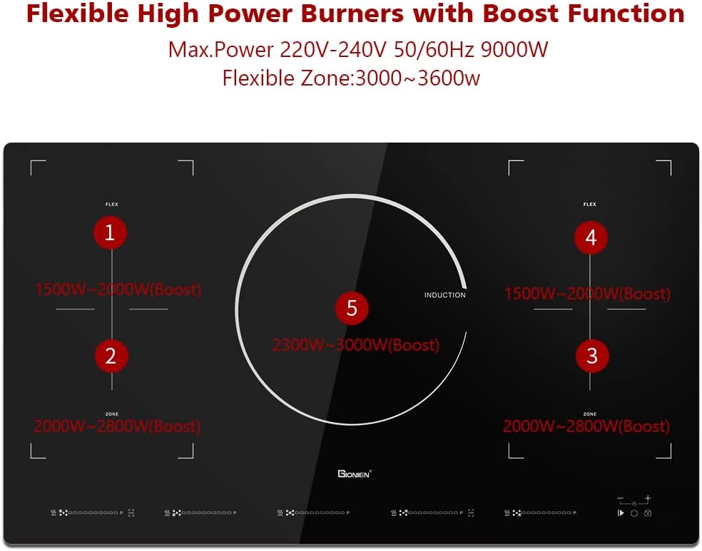 GIONIEN Induction Cooktop 36 inch with Flexi Bridge Elements Built-in 5 Boost Burners Electric Stove 9000W 220V~240V GIH905