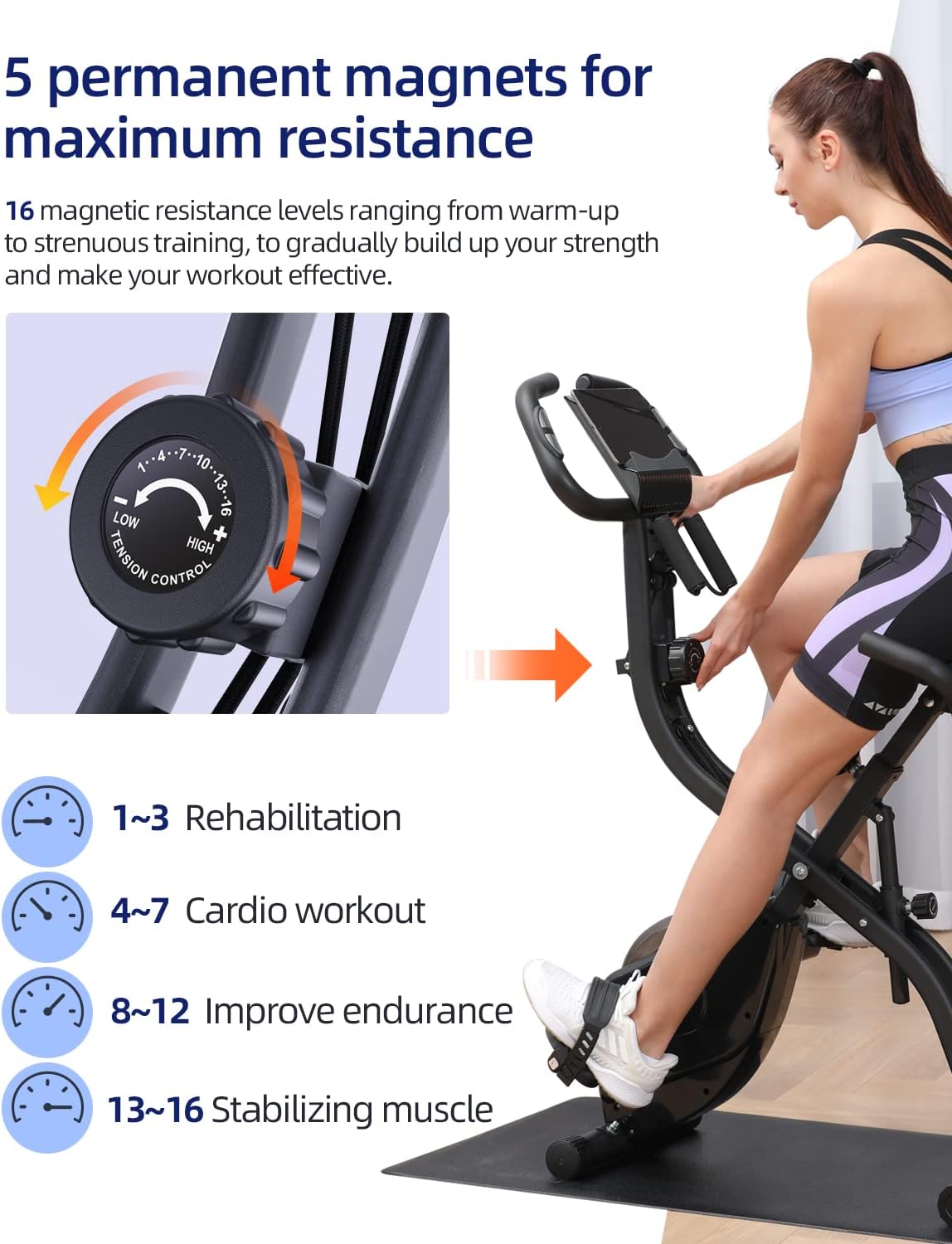 Exercise Bike, Sportneer 2022 New Version 3 in 1 Resistance Exercise Bike with 16 Level Magnetic, Folding Indoor Cycling Bike with PVC Floor Mat, Stationary Bike with Foldable Backrest, Versatile LCD Screen, Heart Rate Grip