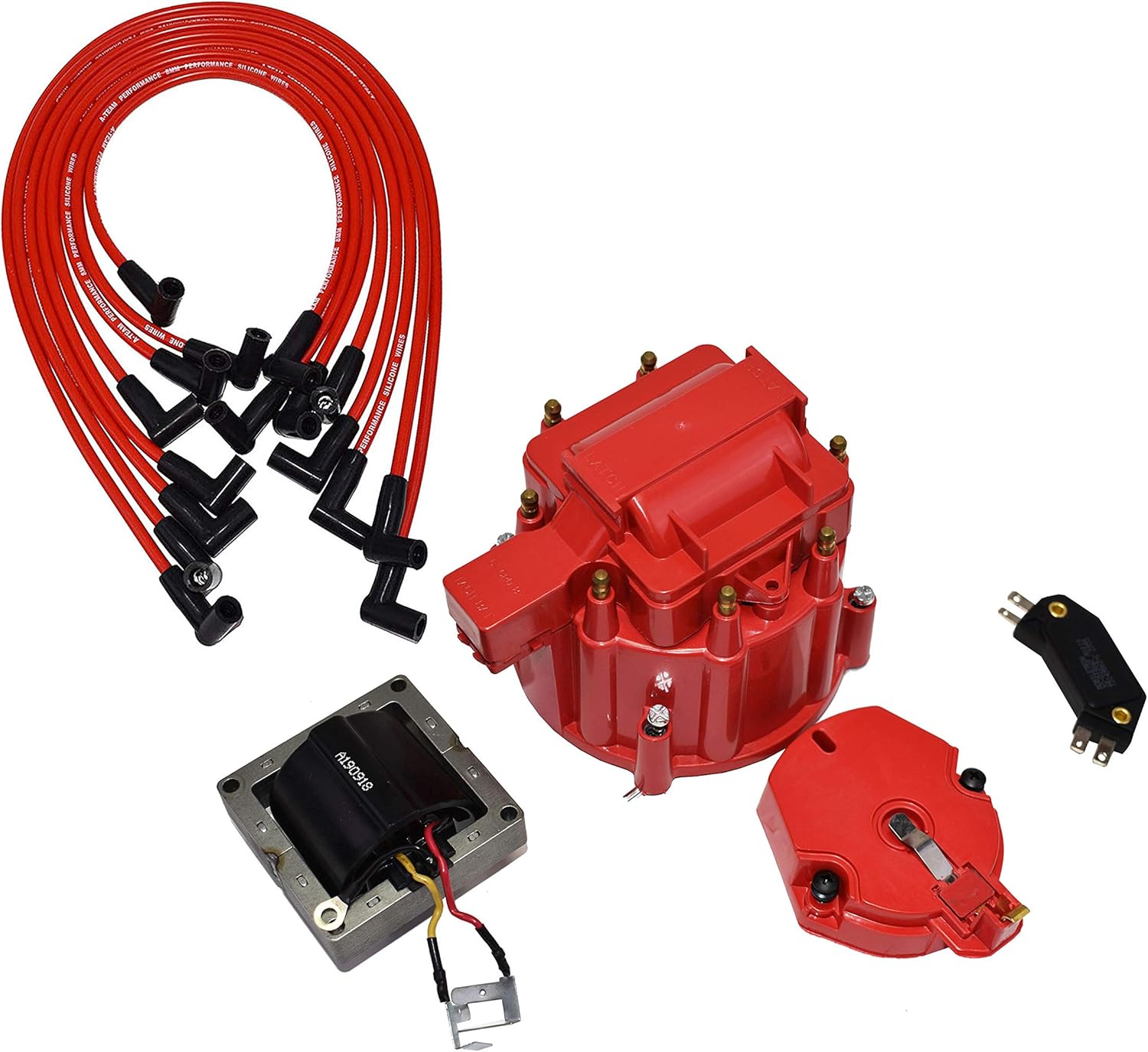 A-Team Performance - 8-Cylinder Male Cap, 65k Volt Coil HEI Distributor Tune Up Kit, and 8.0mm Under The Exhaust Spark Plug Wires - Compatible with Chevrolet SBC 262 283 302 305 307 327 350 400 Red Pack of 2
