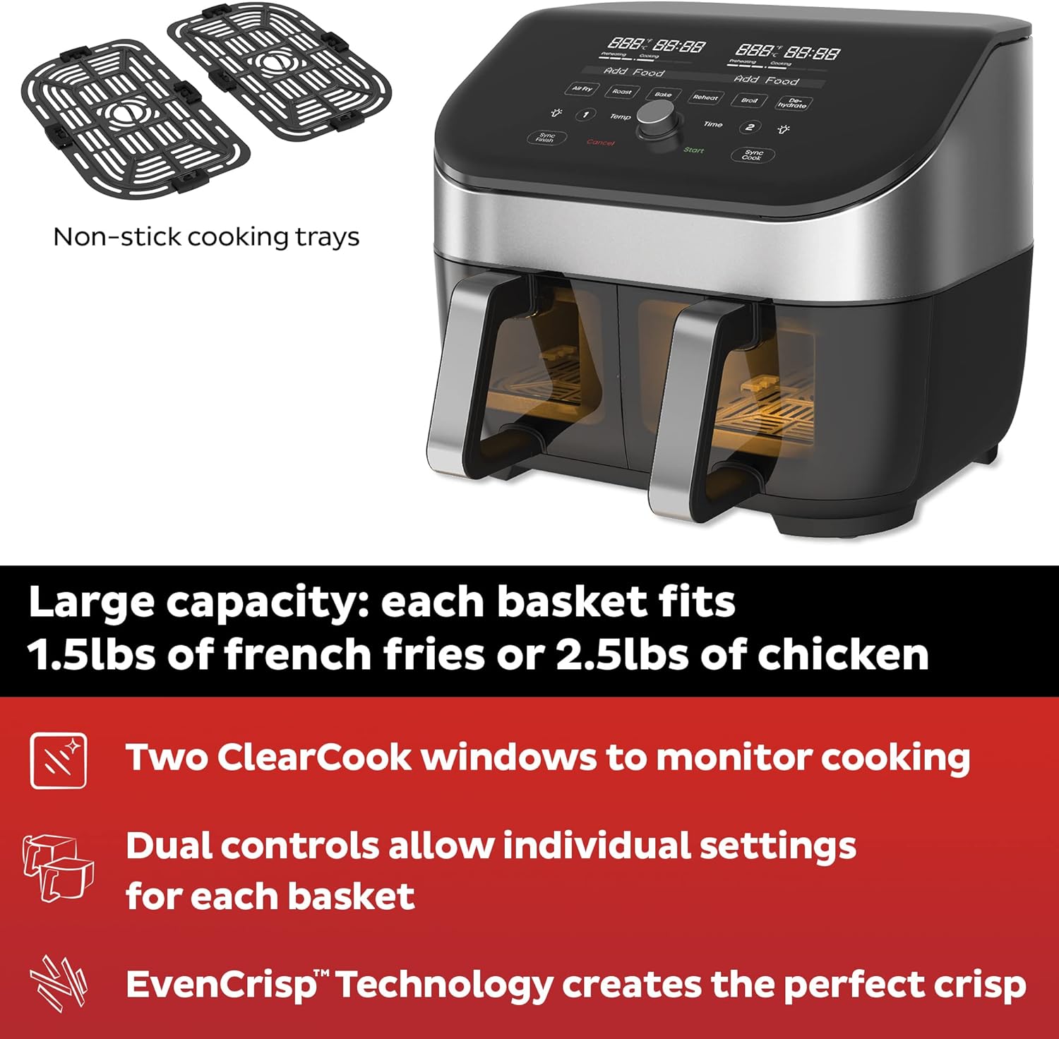 Instant Vortex Plus XL 8 Quart 8-in 1 Dual Basket Double Air Fryer with ClearCook™ Easy View Windows and SyncCook™ Technology, Air Fry, Roast, Broil, Bake, Reheat, Dehydrate, 1700W, Stainless Steel