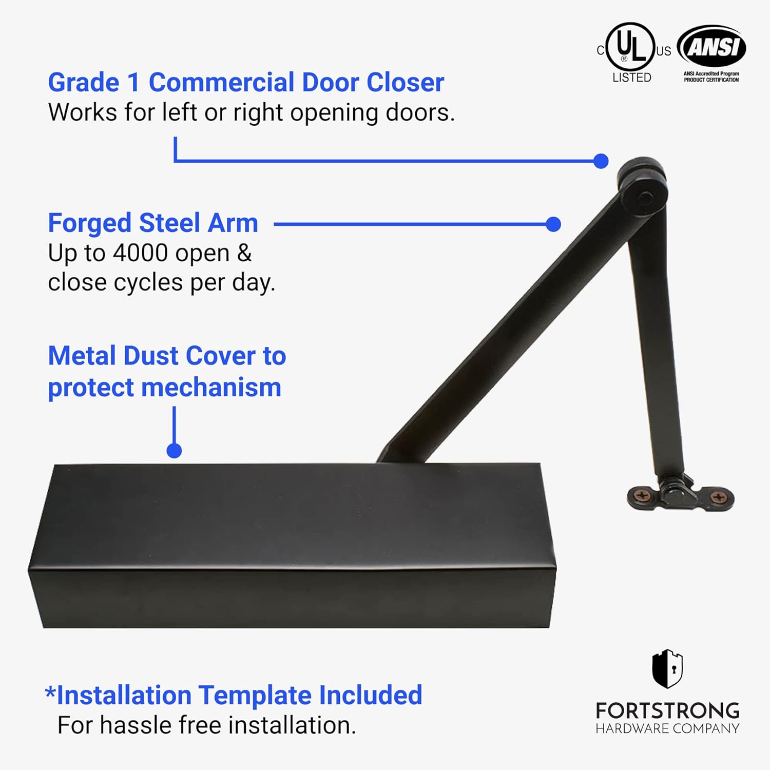 Fortstrong Ultra Heavy Duty Door Closer FS-9807HDBX - Grade 1 Commercial Standard Automatic Door Closing Mechanism - Durable Metal Casing - for High Traffic Areas - UL Listed, Black Finish