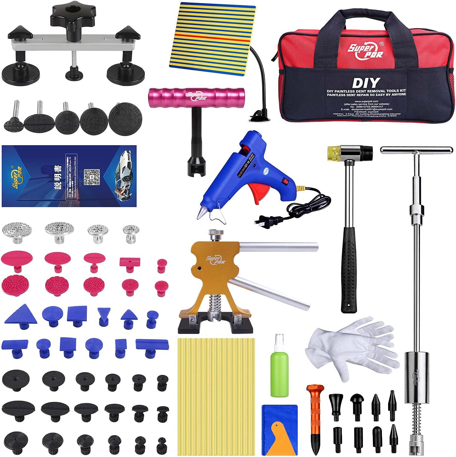 Fly5D Complete Paintless Auto Dent Removal Tools Set, PDR Dent Puller Kit for Autobody Repair of Dents with Different Aluminum Dent Pull Tabs Can Be Reused Countless Times