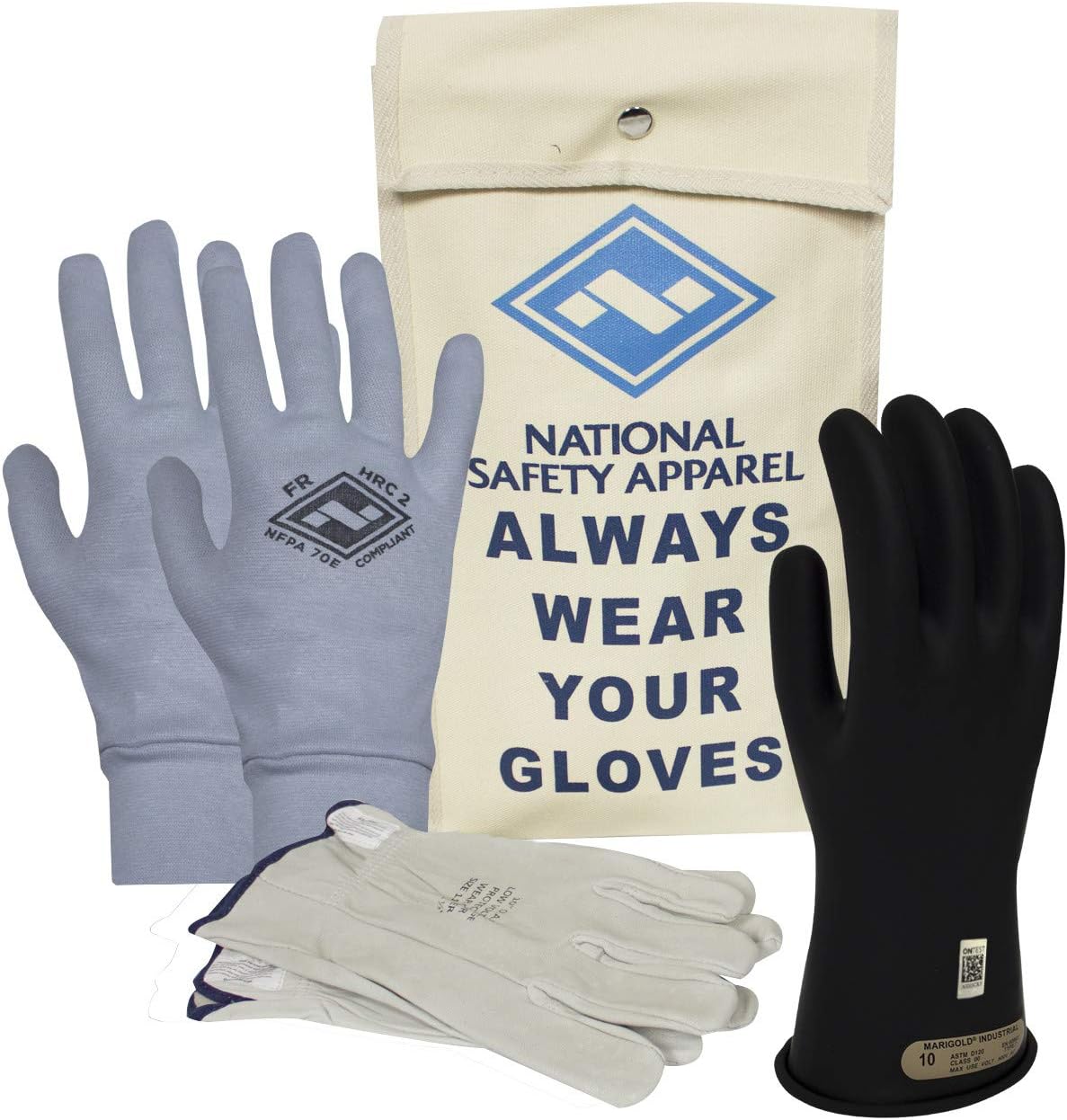 National Safety Apparel Class 00 Black Rubber Voltage Insulating Glove Premium Kit with FR Knit Glove and Leather Protectors, Max. Use Voltage 500V AC/ 750V DC (KITGC0011AG)