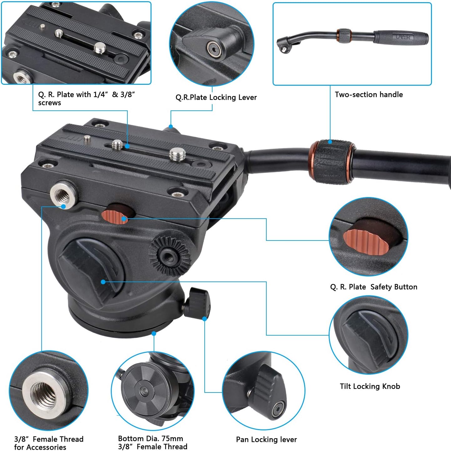 Cayer K3 Video Camera Fluid Drag Pan Head with 1/4 and 3/8 inches Screws Sliding Plate, 75mm Flate Base for DSLR Cameras, Camcorder, Monopod and Tripods, Max Loading 13.2LB Pack of 2