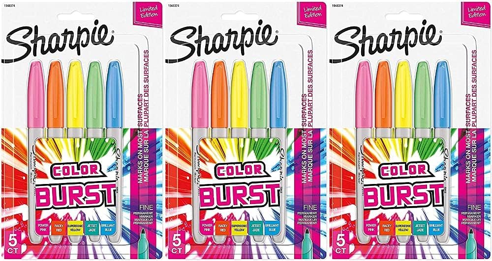 Sharpie Color Burst Permanent Markers, Fine Point, Assorted, 5/Count - 3 Pack Pack of 2