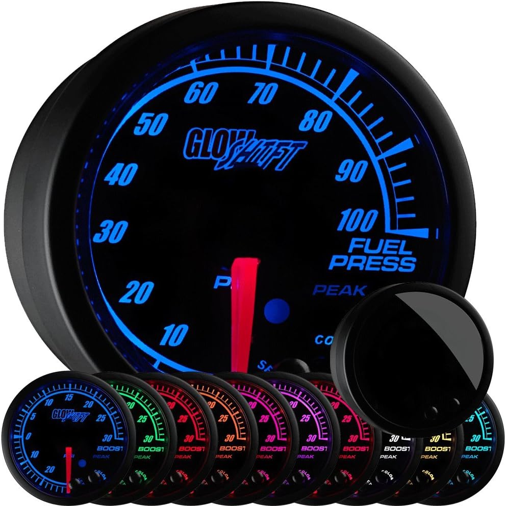 GlowShift Elite 10 Color 100 PSI Fuel Pressure Gauge Kit - Includes Electronic Sensor - Black Dial - Tinted Lens - Peak Recall Function - for Car & Truck - 2-1/16