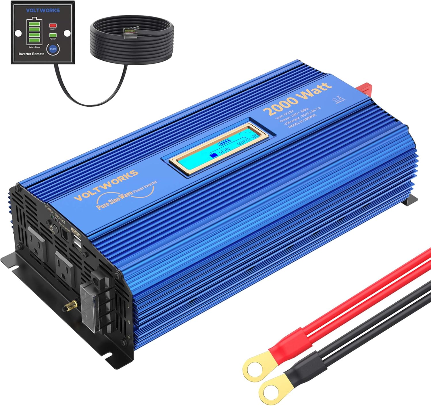 Pure Sine Wave 2000Watt Car Power Inverter Converter DC 12V to 120V AC with Remote Control and LCD Display 1 AC Terminal Block 2 AC Outlets 2x2.4A USB Ports for RV Truck Boat by VOLTWORKS (12VBlue)