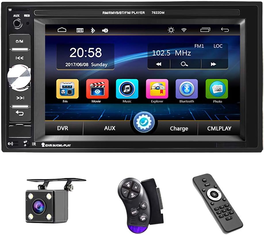 UNITOPSCI Car Multimedia Player Double Din, Bluetooth Audio and Calling, 6.2 Inch LCD Touchscreen Monitor, MP5 Player, WMA, USB, SD, Auxiliary Input, FM Radio Receiver, Rear View Backup Camera Pack of 2
