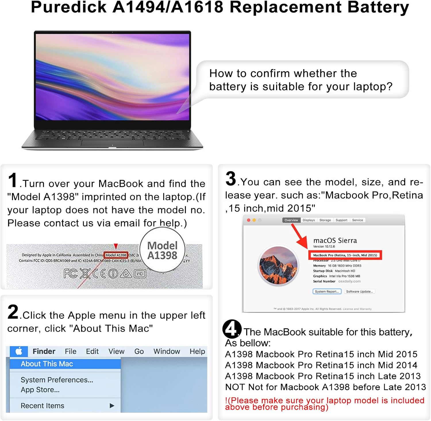 A1494 A1618 Battery Only for (Mid 2015, Mid 2014, Late 2013) A1398 - Puredick Replacement Battery for 15-inch A1398 - [Upgraded A1494/A1618 Universal Version] Pack of 2