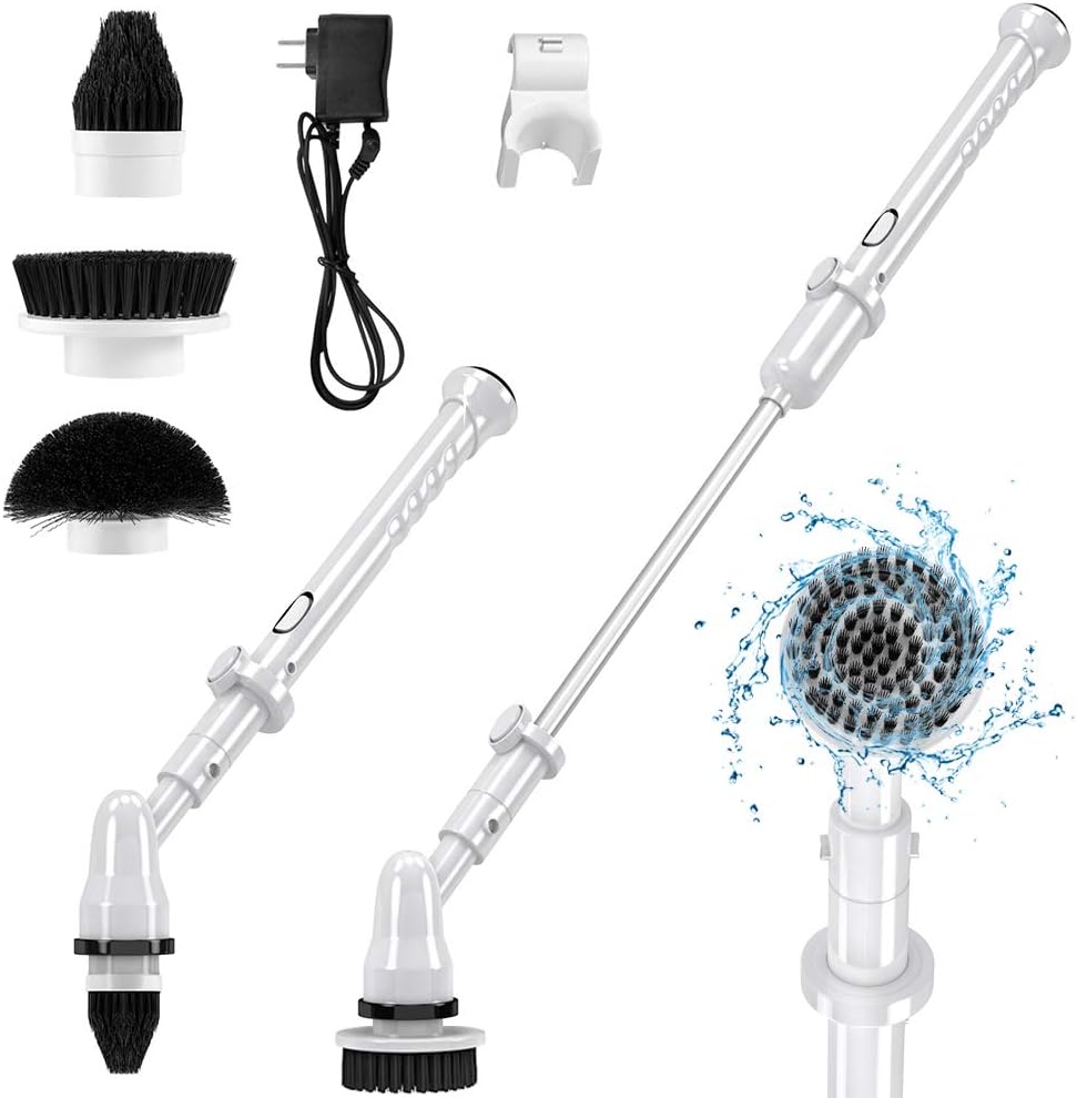Electric Spin Scrubber 360 Cordless Power Bathroom Scrubber Tub and Tile Shower Scrubber, Floor Scrubber with Long Handle and 3 Replaceable Cleaning Brush Heads for Cleaning Tile Wall Bathtub Kitchen Pack of 2